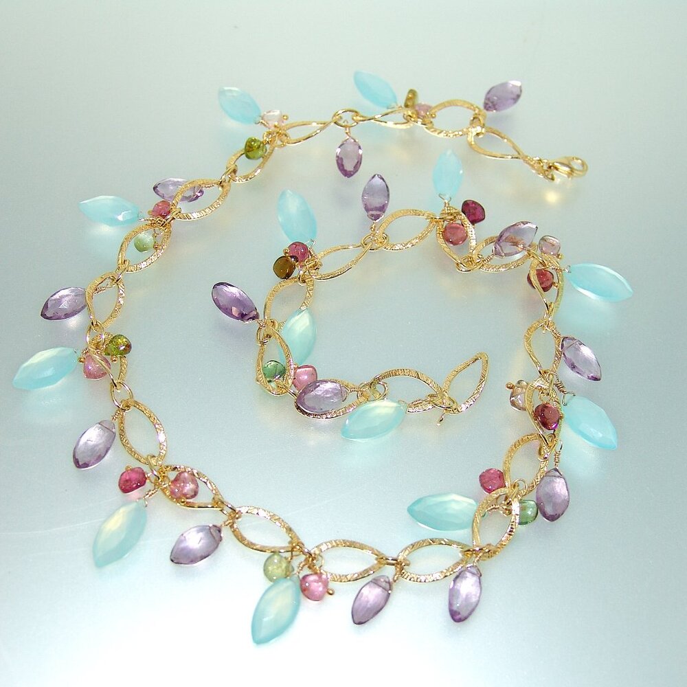 Marquise Aqua Blue Chalcedony Amethyst Tourmaline Cluster Gemstone Necklace 925